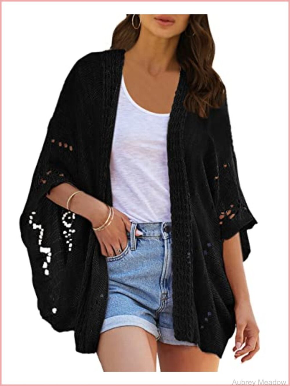 Lightweight Crochet Kimono Cardigan Sweater, Batwing Sleeve, Open Front, Acrylic
